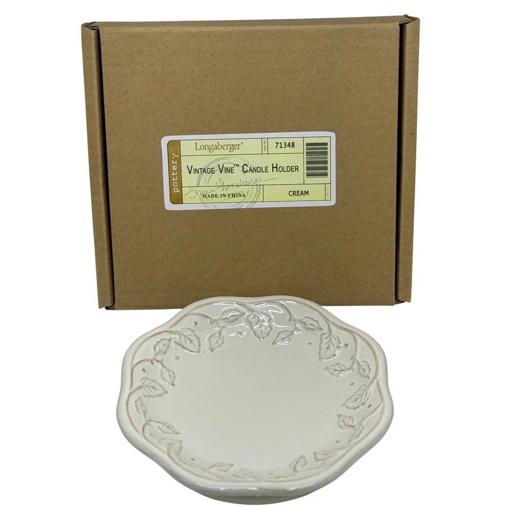 Longaberger VTG‎ Vine Candle Holder Cream Pottery Embossed Leaf Scalloped 71348